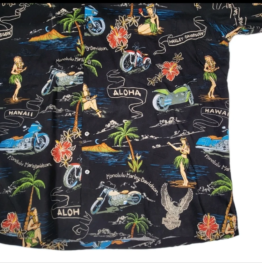 Harley-Davidson Vintage Mens Hawaiian Button-up Shirt Size 2XL Black Hula USA